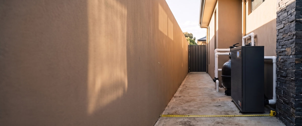 CHR 35kW pool heat pump installed in a narrow side passage with a tape measure showing 450mm